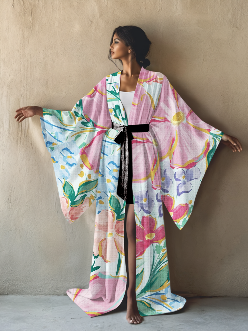 Flower Art Kimono Long Gown Robe With Belt