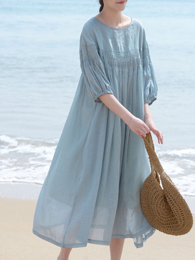 Women's Casual Solid Color Round Neck Shirring Dress