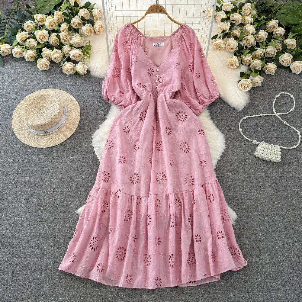 Short-Sleeved V-Neck Waist Slim A-Line Hollow Embroidered Dress