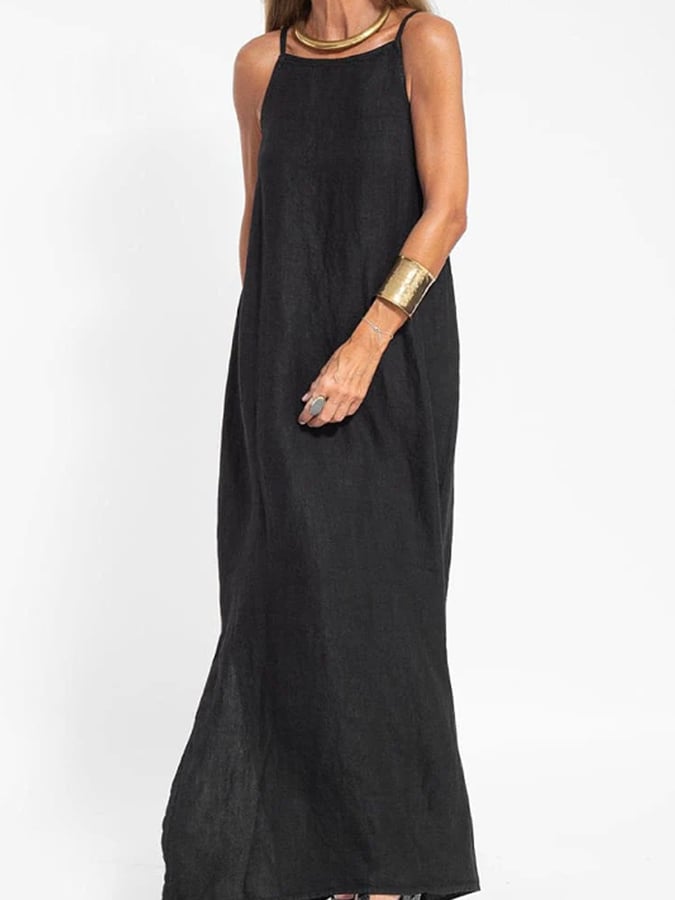 Women'S Simple Fashion Casual Cotton And Linen Slit Suspender Dress