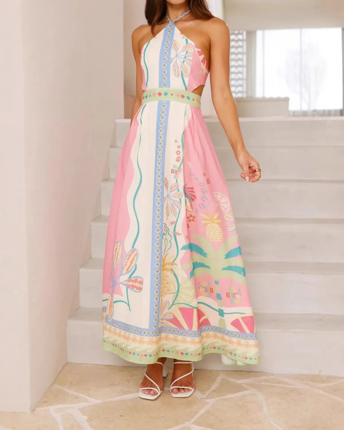 Halter Tie-back Open-back Floral Print Maxi Dress