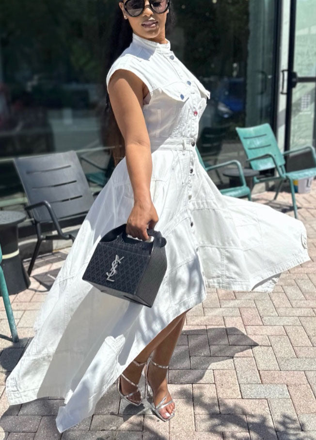 Stand Collar High-Low Hem Casual Denim Dress