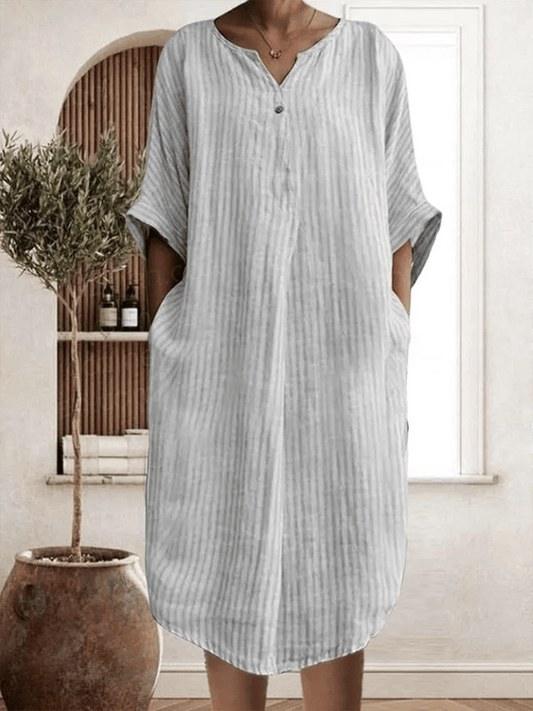 Women'S Striped Slit Cotton And Linen Loose Dress