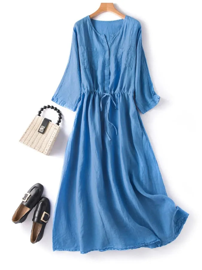 Vintage 5/4 Sleeve Wrapped Waist Slim A-Line Dress