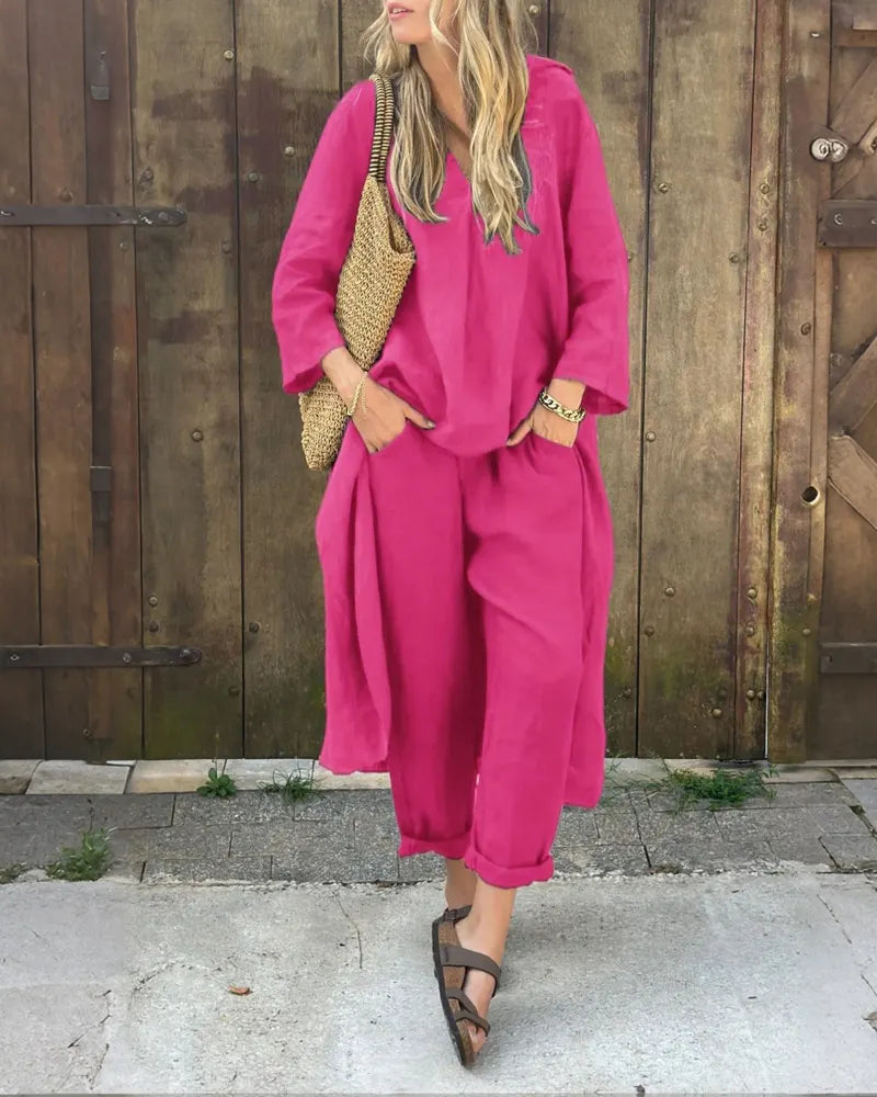 Solid Color Irregular Length Top & Pants Two-Piece Set