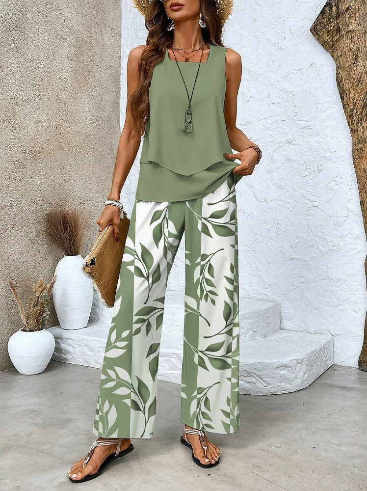 Women's Floral Two-Piece Set Daily Sleeveless Casual Summer Top With Pants Matching Set