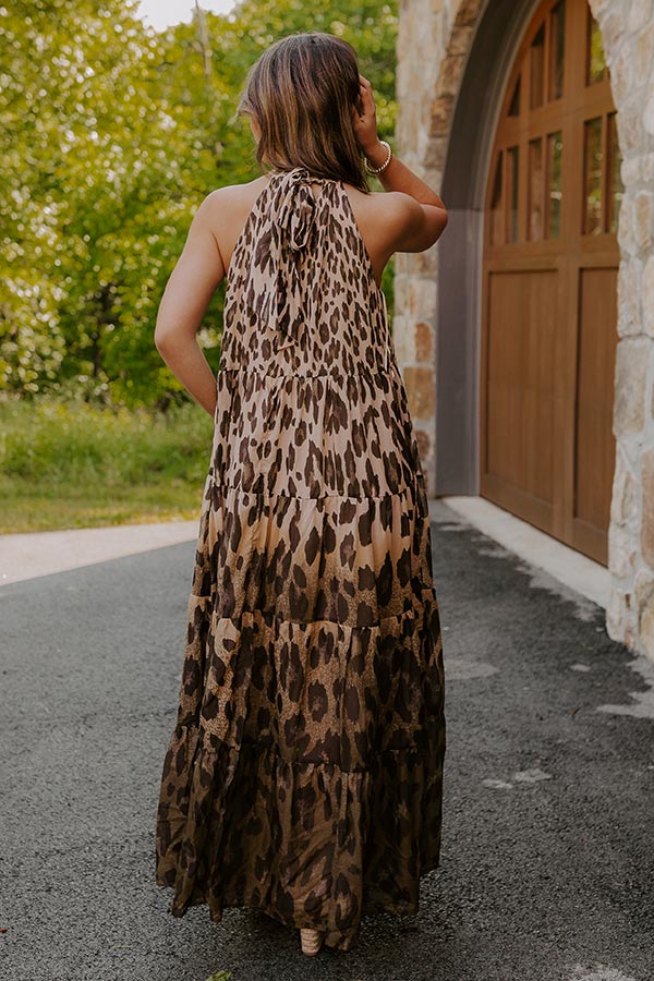 Gradient Leopard Print Halter Neck Tiered Maxi Dress