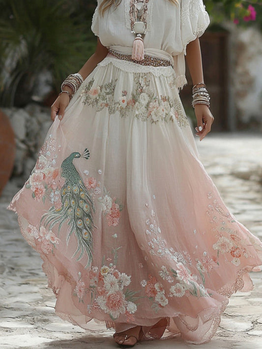 Women's Retro Elegant Peacock Floral Linen Blend Casual Midi Skirt