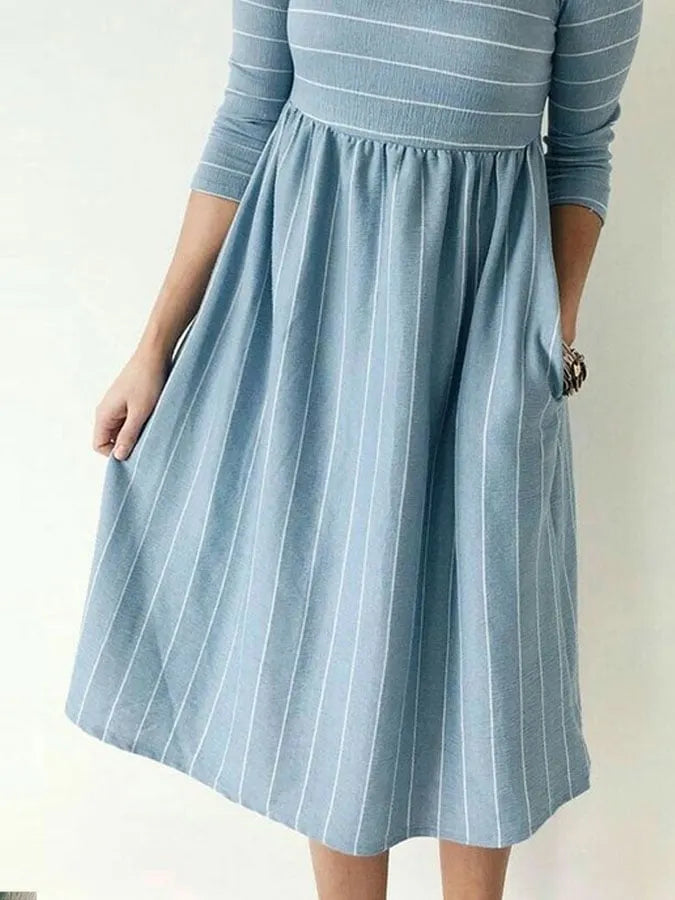 Women'S Casual Round Neck Long Sleeve Striped Print Patchwork Dress