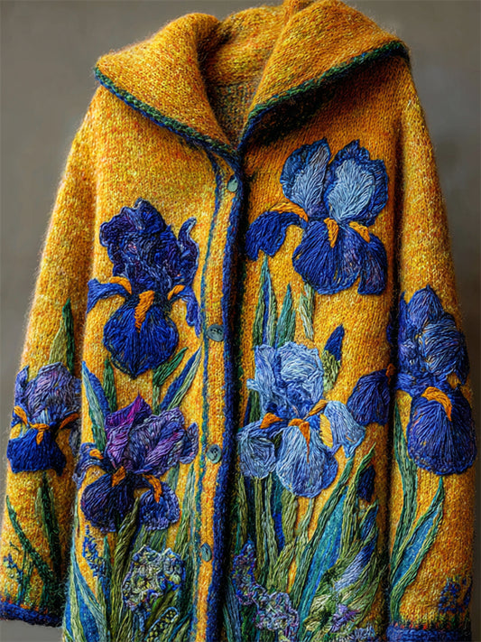 Vintage Irises Inspired Felt Embroidered Cozy Knit Hooded Cardigan