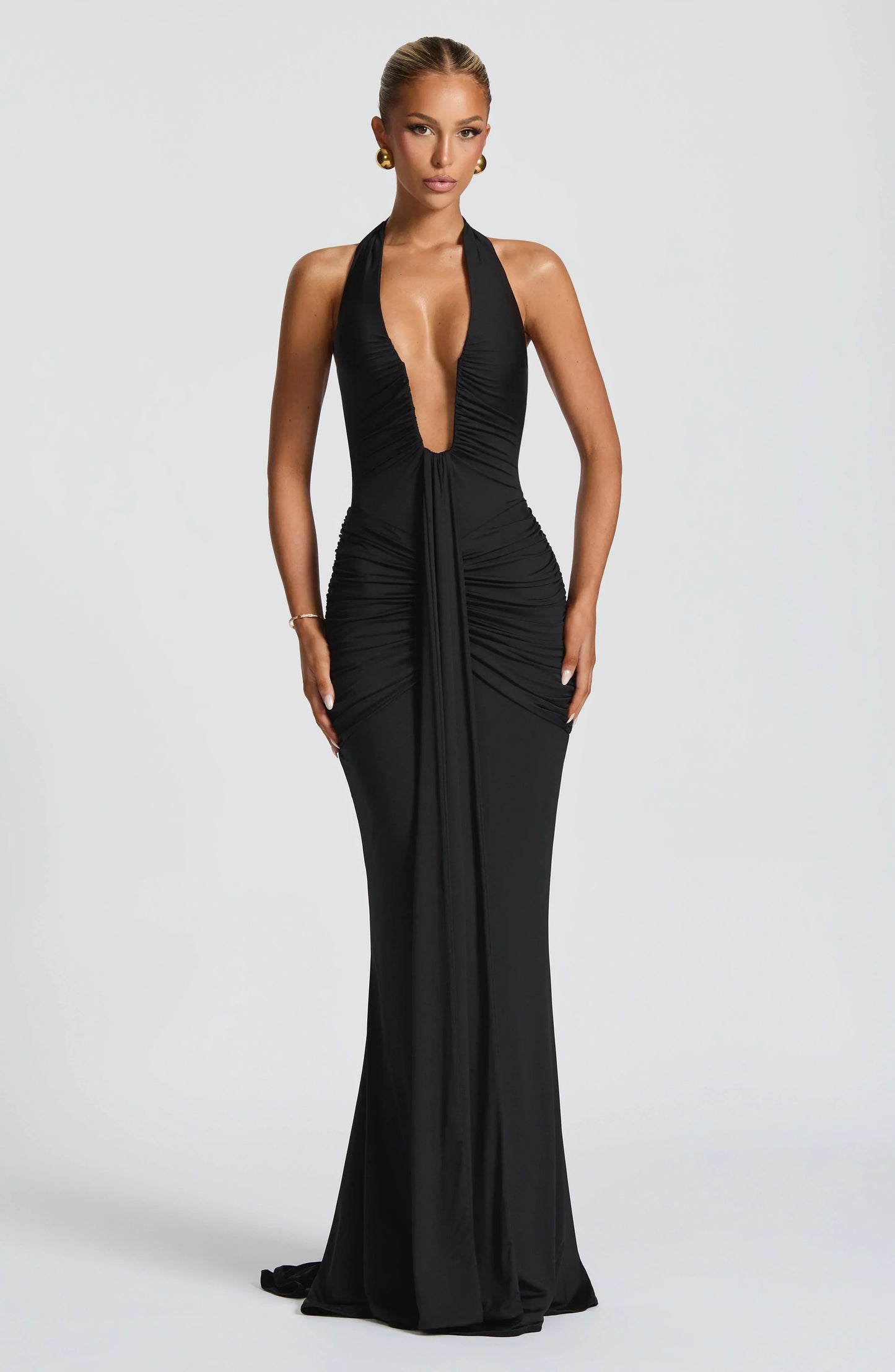 Solid Color Halterneck V-neck Open Back Tie Gathered Maxi Dress