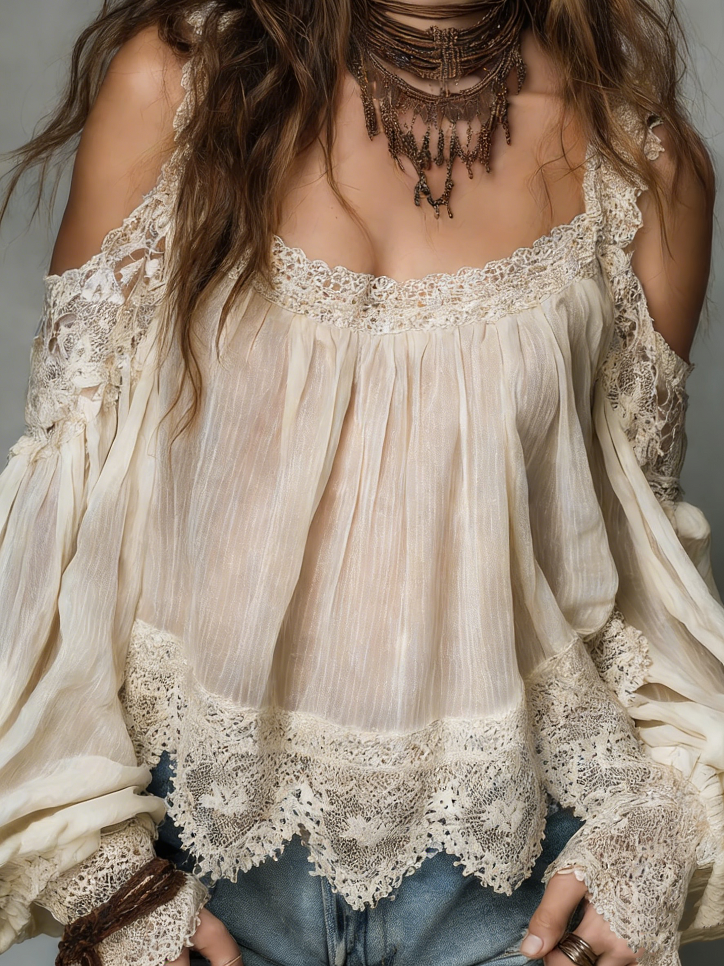 Ivory Lace Off-Shoulder Bohemian Blouse