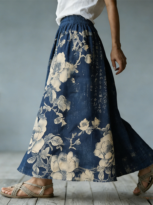 Japanese Art Bohemian Retro Plant Flower Print Women's Half-length Dress