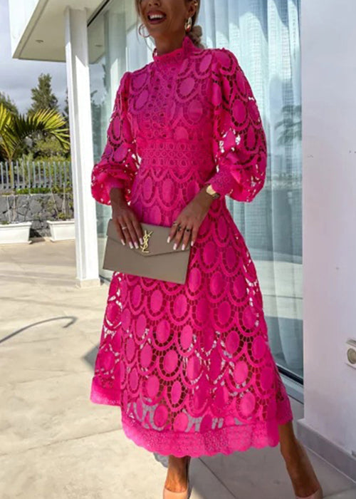 Stand-collar long-sleeve openwork lace maxi dress