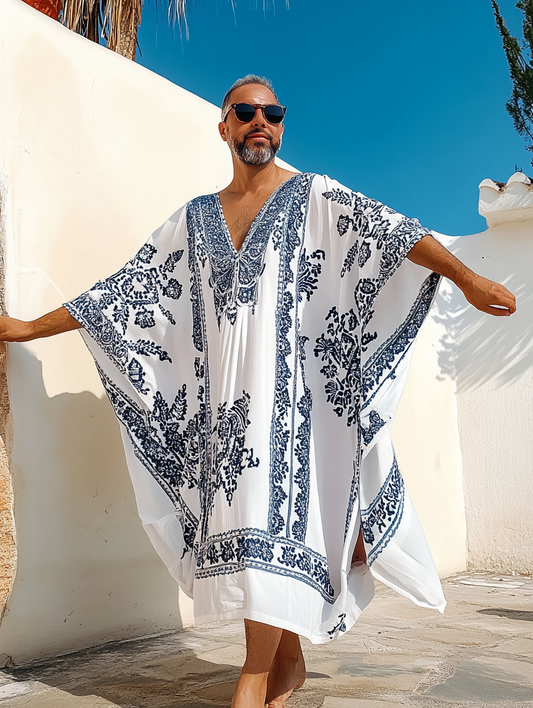 Printed V-neck Men Kaftan Long Caftan