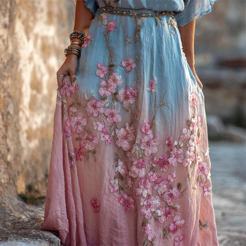 Sakura Horizon:Boho Japanese Cherry Blossom Gradient Flowy Wide Skirt