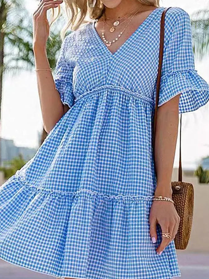 Women'S Casual V-Neck Short-Sleeved Plaid Print Ruffle Stitching Dress
