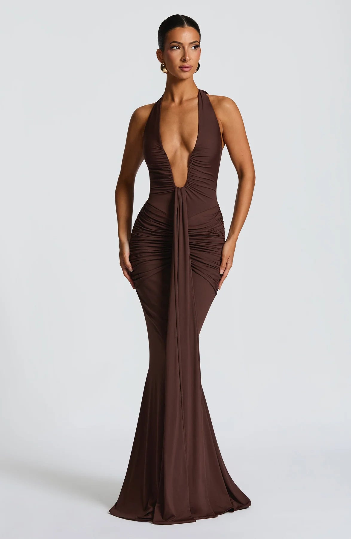 Solid Color Halterneck V-neck Open Back Tie Gathered Maxi Dress