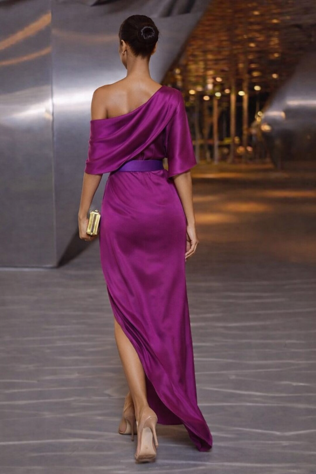 Satin One Shoulder Ruched Waist Asymmetric Maxi Dress