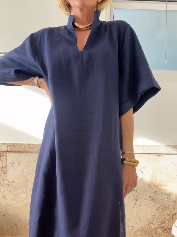 Women's Casual V-Neck Slit Mid-Sleeve Cotton and Linen Dress