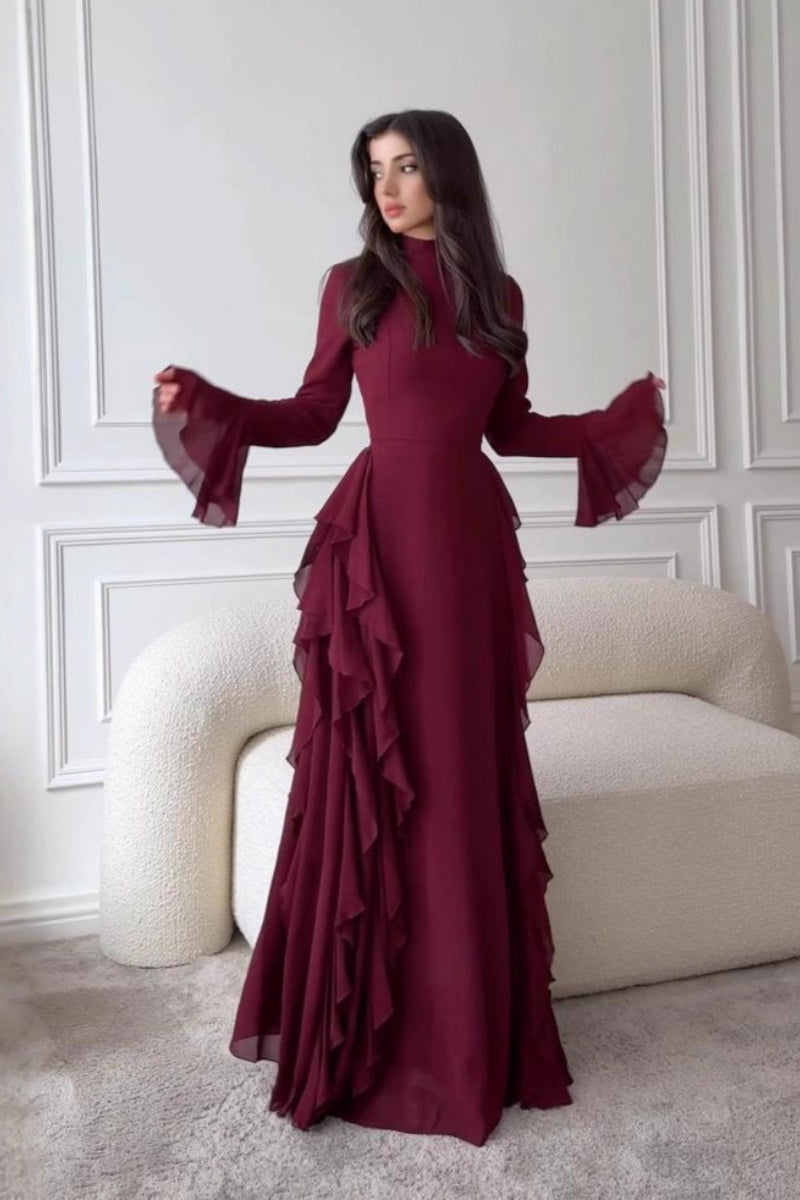 Elegant Crew Neck Long-Sleeve Maxi Dress with Ruffled Details & Flared Bell Sleeves