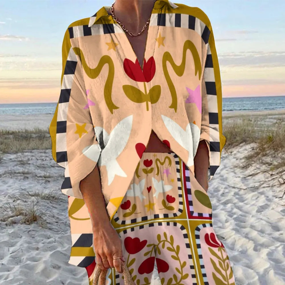 Women's Flower Printed Shirt & Pants Two-piece Set
