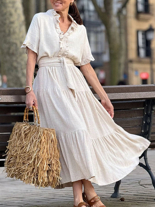 Women's Casual Solid Color Tie-Strap Lotus Leaf Century Shirt Dress