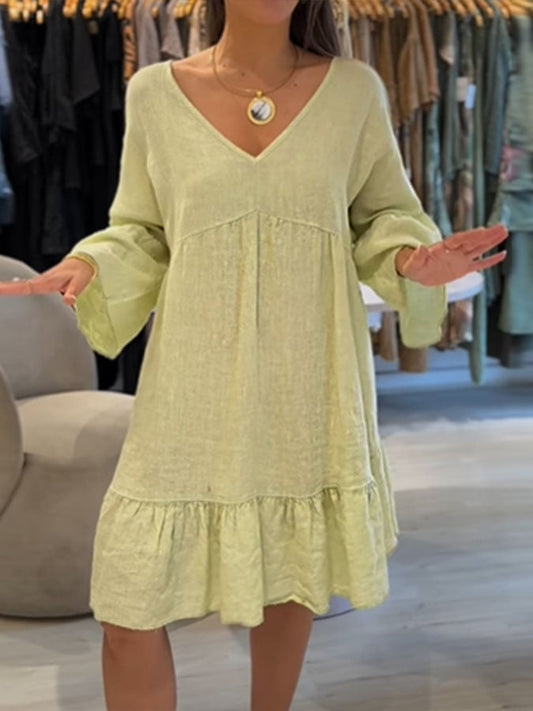 Women's Casual Solid Color V-Neck Three-quarter Sleeve Cotton and Linen Dress