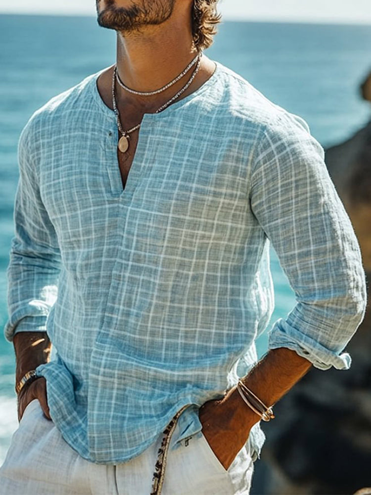 Men's Casual Plaid Cotton And Linen Long Sleeve Shirt