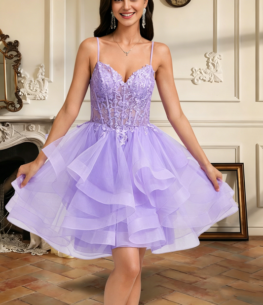 Lace Corset Tiered Tulle Homecoming Dress