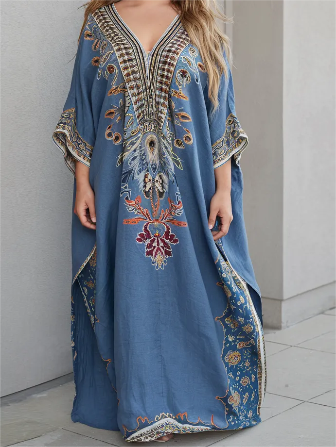 Contton & Linen  Long Sleeve  Kaftan Maxi Dress