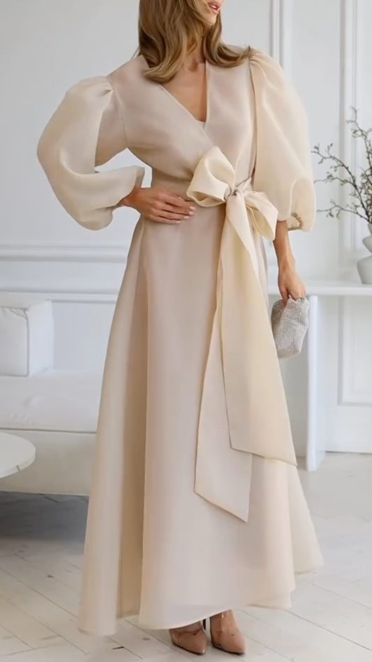 Two Piece Champagne Satin Midi Dress with Organza Puff Sleeve Cardigan