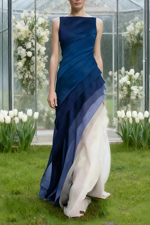 French Black High Waist Patchwork Tulle Maxi Dresses Sleeveless