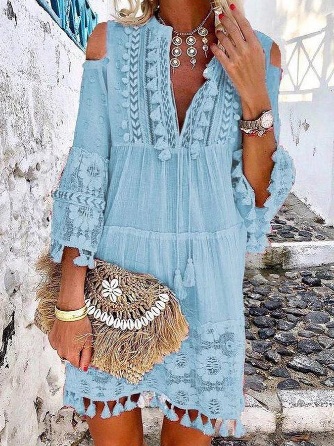 Women's Comfortable Casual Fringed Lace V-Neck Dress