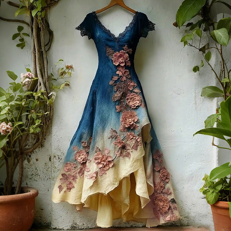 Women's Floral Embroidered Color-blocked Linen Dress