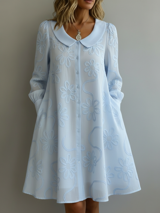 Elegant Floral Embroidered Sheer Midi Dress Peter Pan Collar Button Down Casual Dress with Pockets