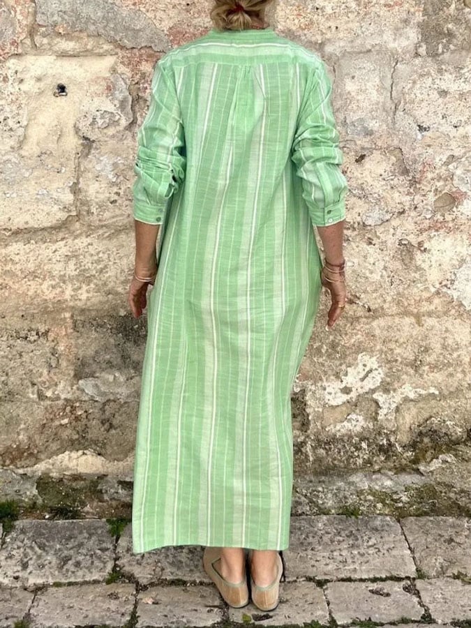 Women's Casual Long Sleeve Striped Print Button Dress