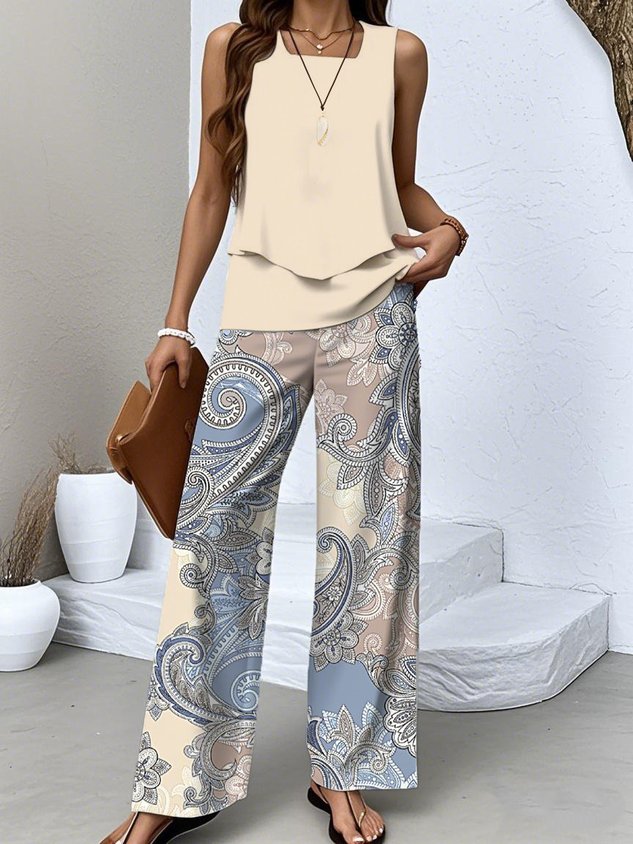 Women Paisley Two-Piece Set Daily Sleeveless Casual Summer Top With Pants Matching Set