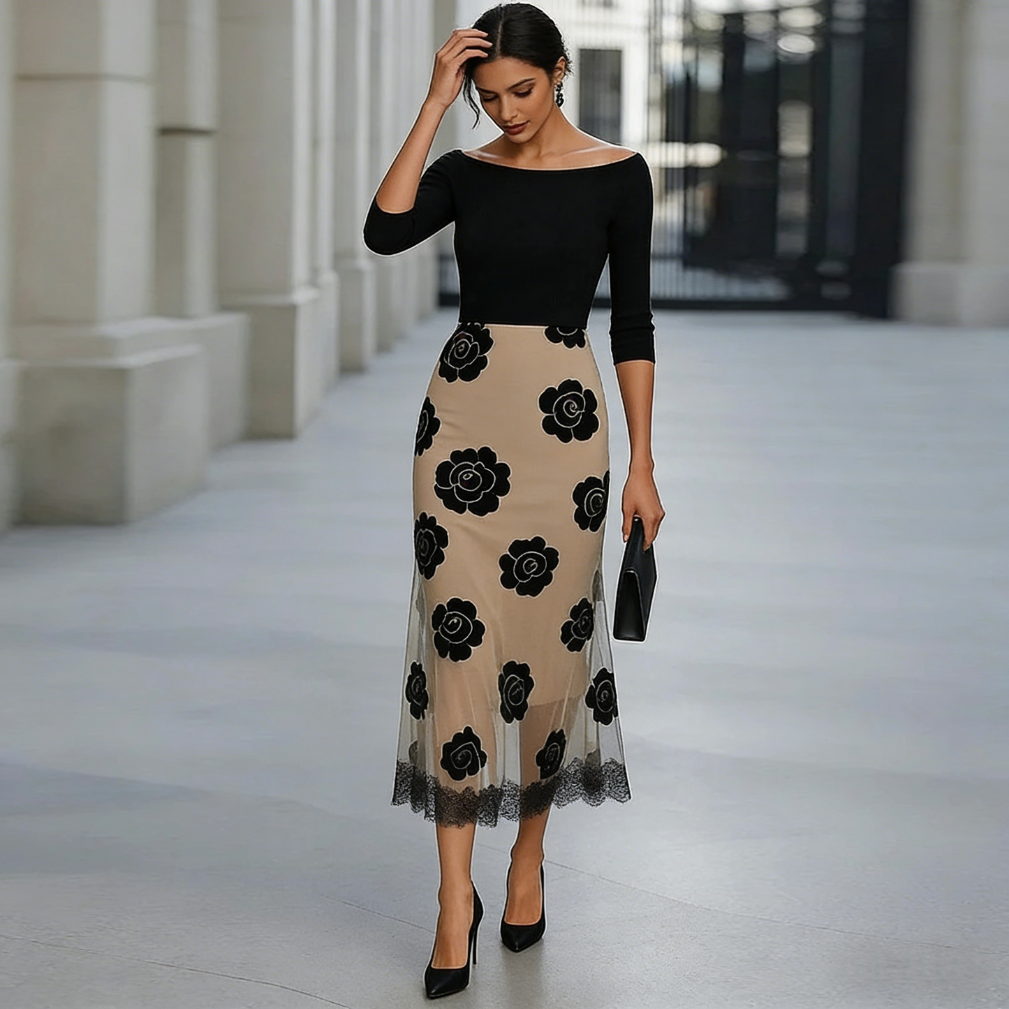 Elegant Off-Shoulder Top & Floral Lace-Hem Midi Skirt Set