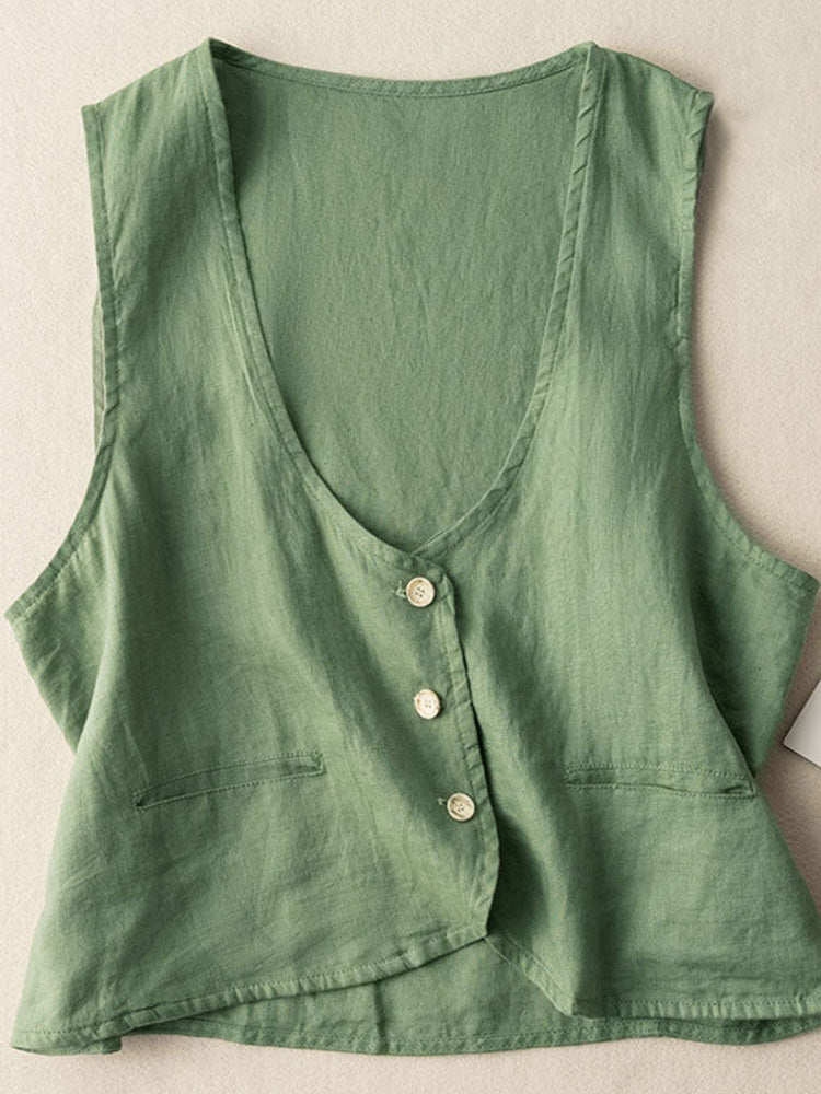 Vintage Linen Blend Pocket Vest