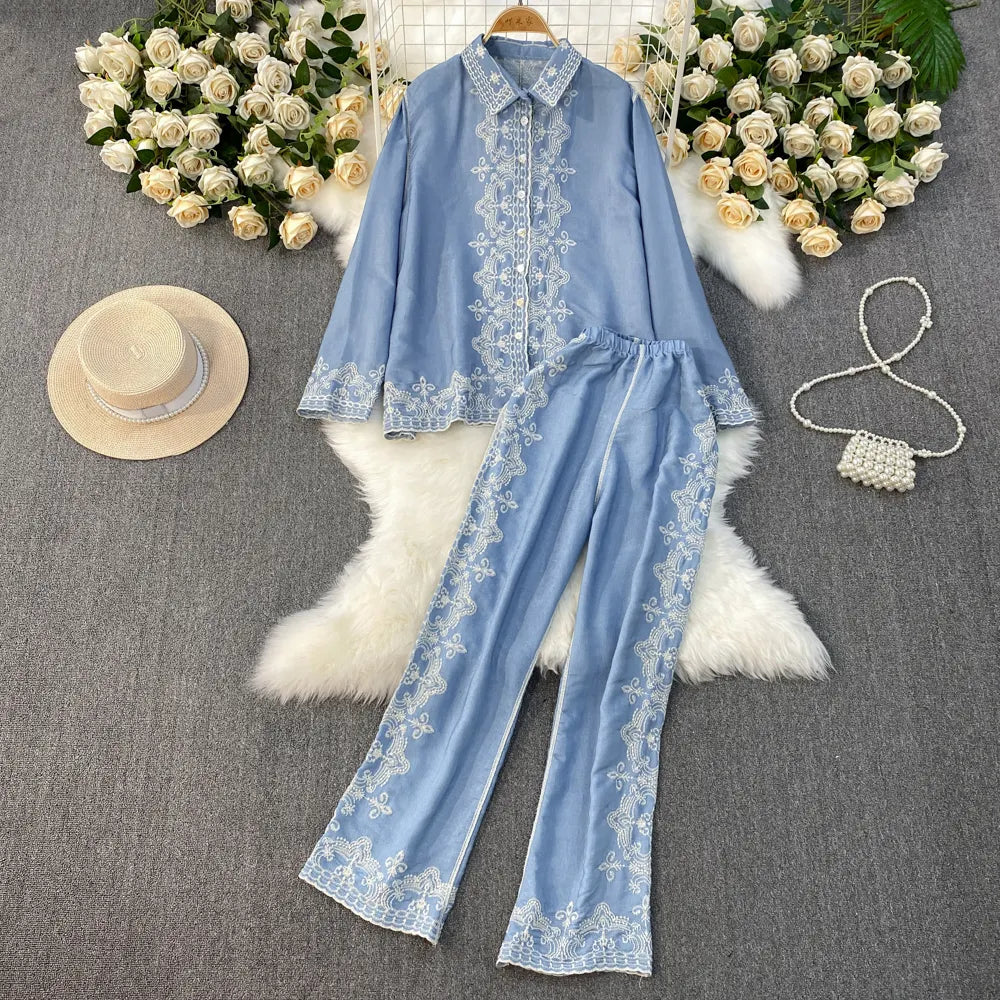 Heavy Embroidery Long Sleeve Shirt & Loose Casual Pants Two Piece Set