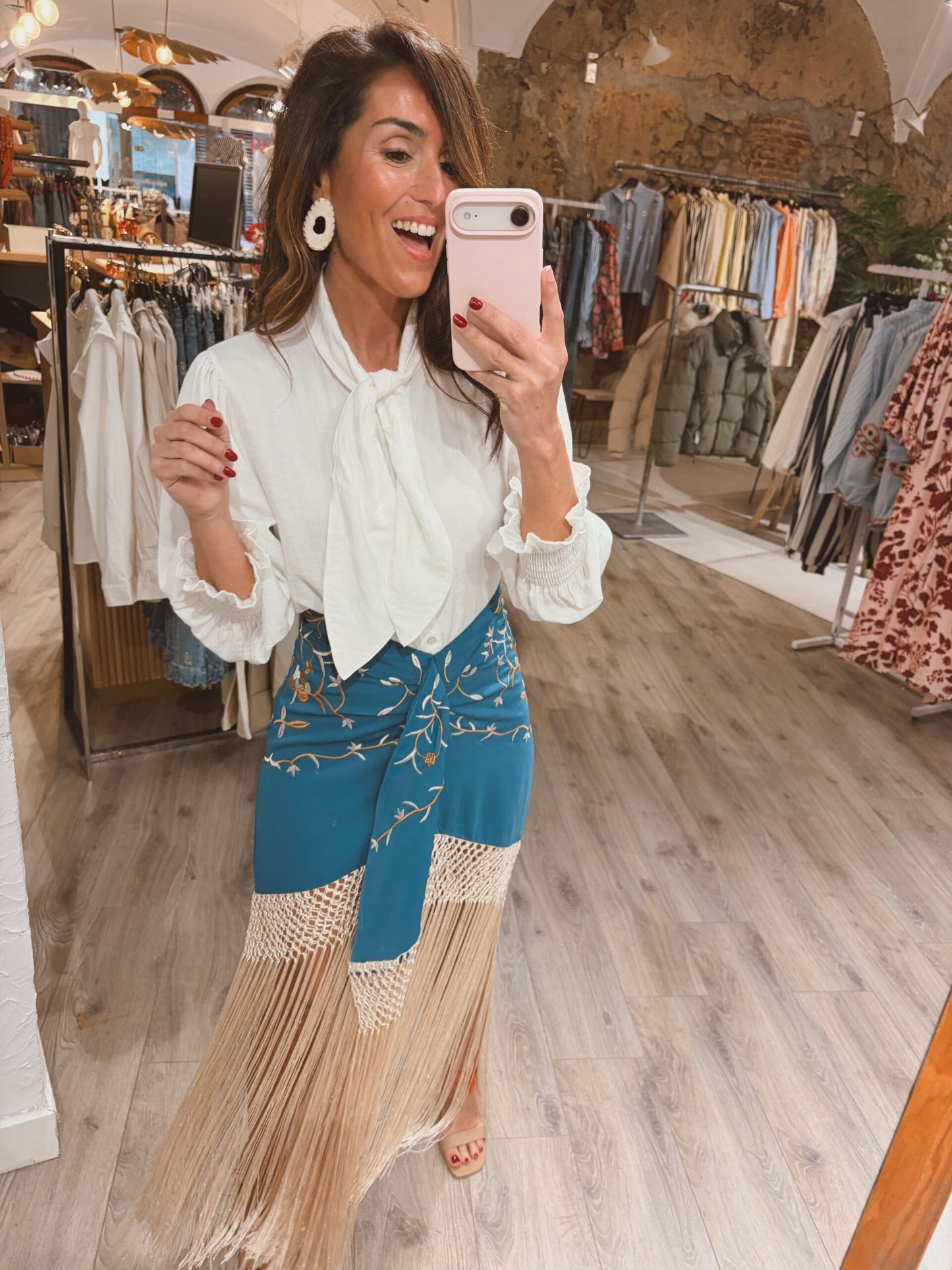 Boho Tie-Knot Satin Skirt with Long Fringe