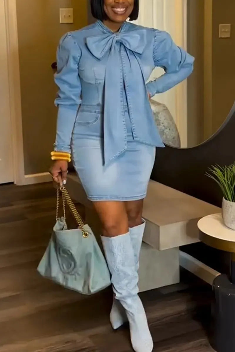 Timeless Elegance: Bow-Tie Denim Bodycon Dress