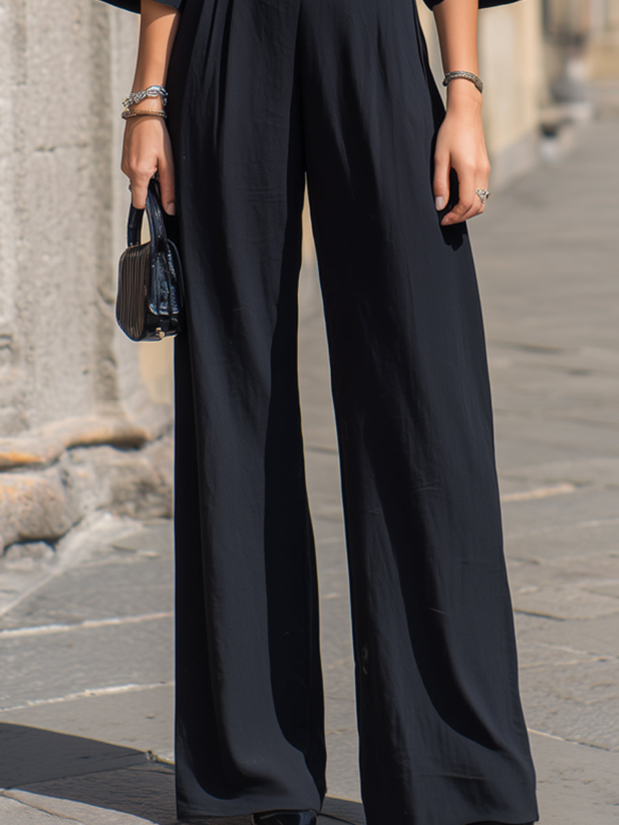 Minimalist Batwing Sleeve Belted Wide-Leg Jumpsuit