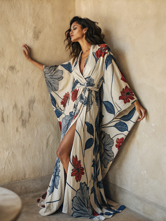 Women's Floral Kimono Linen Robe (with Belt)