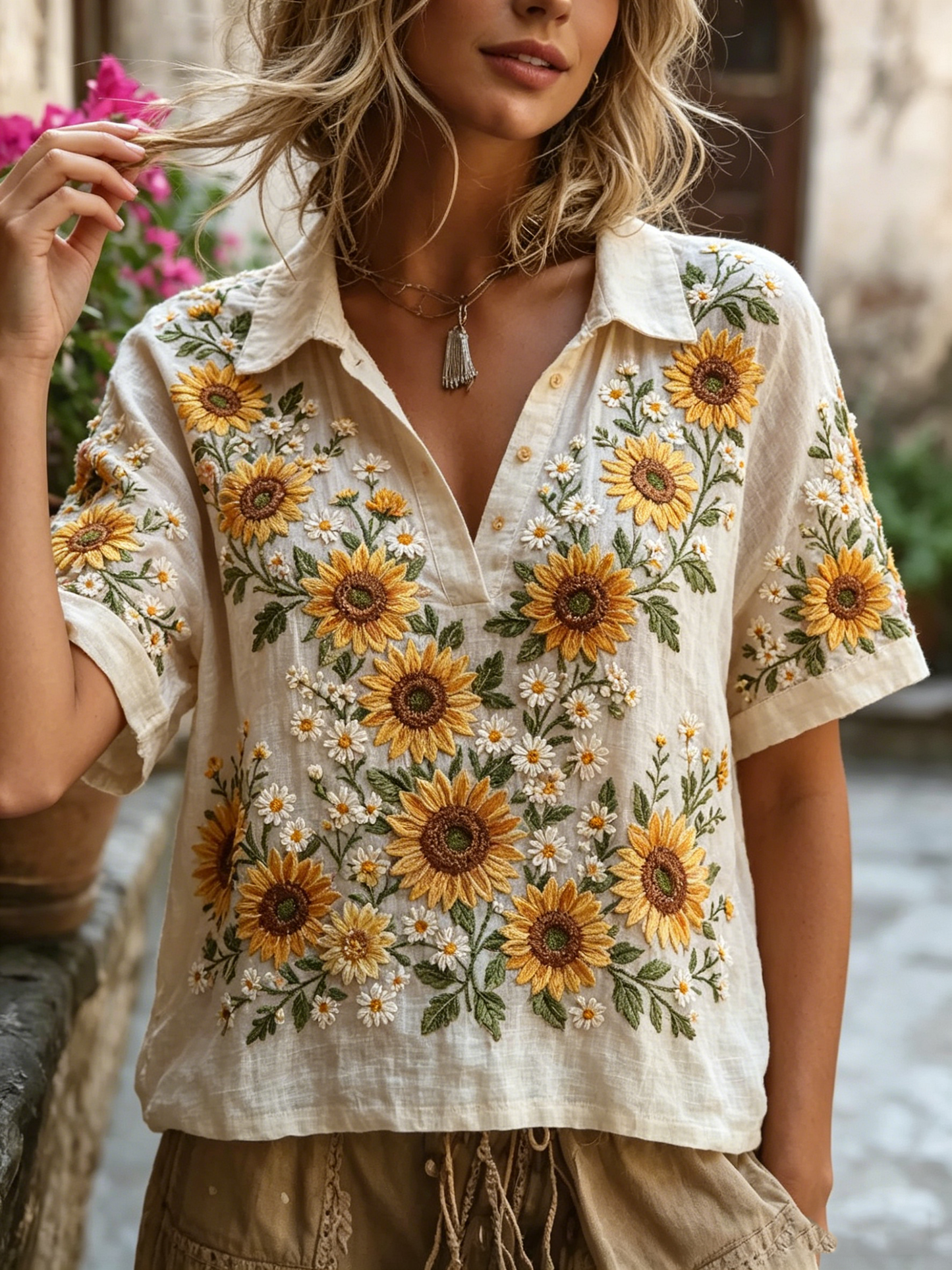 🌻 Women's Sunflower Embroidered Linen Blouse