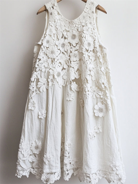 Classy 3d Floral Hollow Lace Patchwork Linen Tank Dress