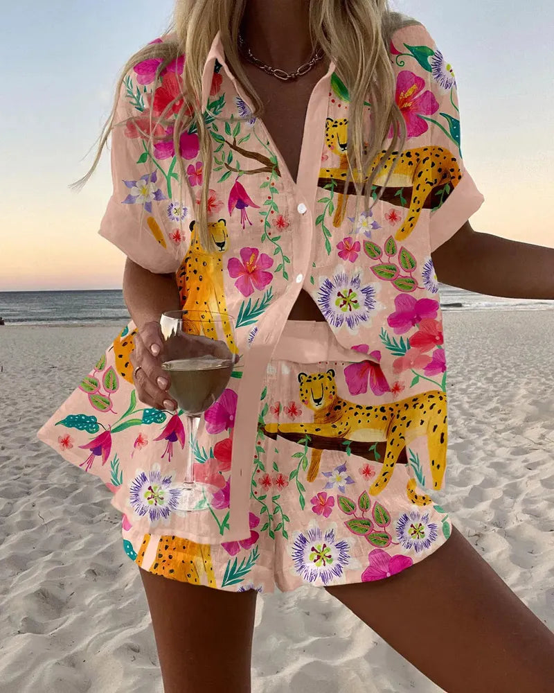 Flower leopard print two piece set