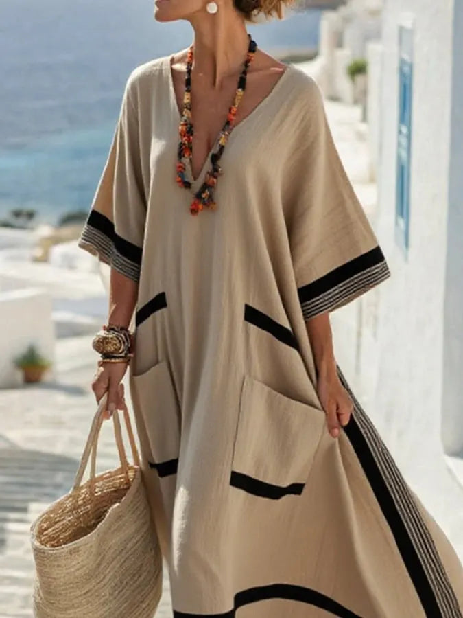 Women's Casual V-Neck Contrast Stripe Resort Dress