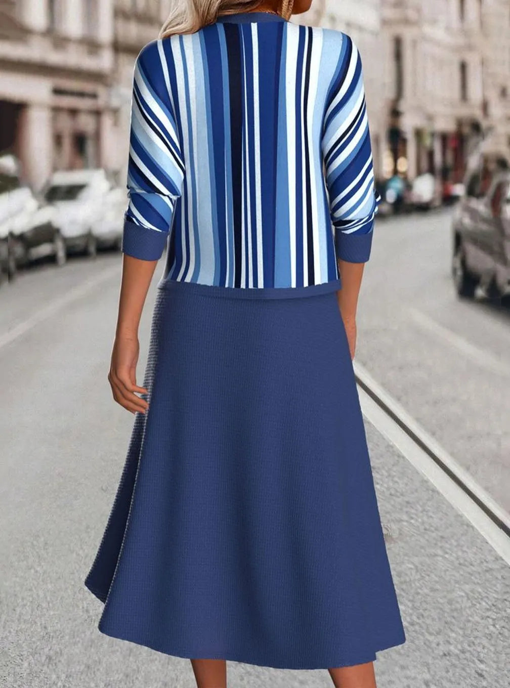 Women's Casual Round Neck Contrast Color Printed Vest Dress and Cardigan Set